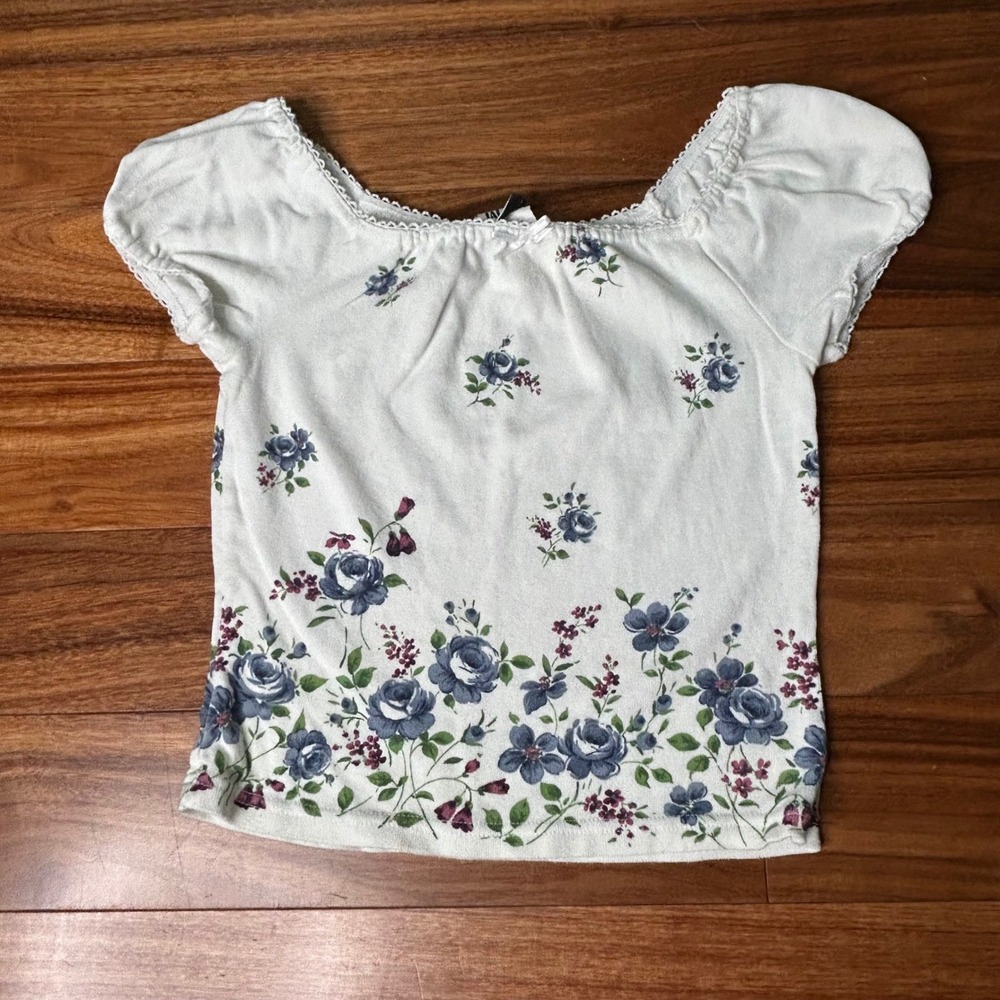 Jalate 90s White Blue Floral Puff Sleeve Lace Trim Scoop Neck Top Made in USA‎